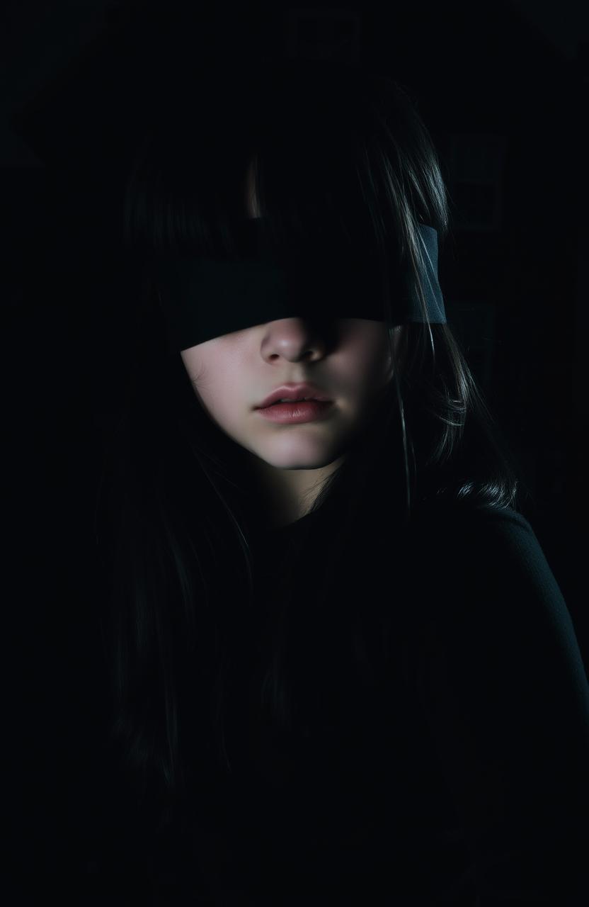 A girl with black hair, eyes blindfolded, standing in front of a dark house, creating an atmosphere of mystery and suspense