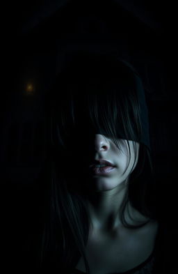 A girl with black hair, eyes blindfolded, standing in front of a dark house, creating an atmosphere of mystery and suspense