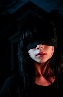 A girl with black hair, eyes blindfolded, standing in front of a dark house, creating an atmosphere of mystery and suspense