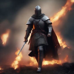 Generate a dramatic image of a medieval soldier amidst a fiery battlefield, fallen warriors scattered at his feet, with raging fires consuming the woodland behind him under a stormy dusk sky