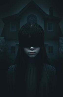 A girl with black hair, her eyes blindfolded, standing in front of a dark, ominous house