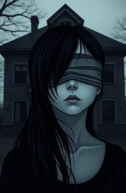 A girl with black hair, her eyes blindfolded, standing in front of a dark, ominous house