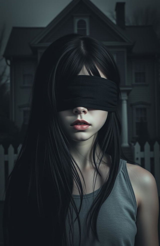 A girl with black hair, her eyes blindfolded, standing in front of a dark, ominous house