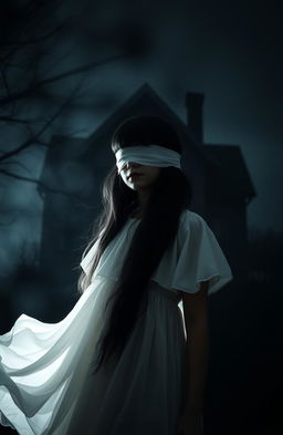 A girl with black hair, her eyes blindfolded, standing in front of a dark, eerie house that looms in the background