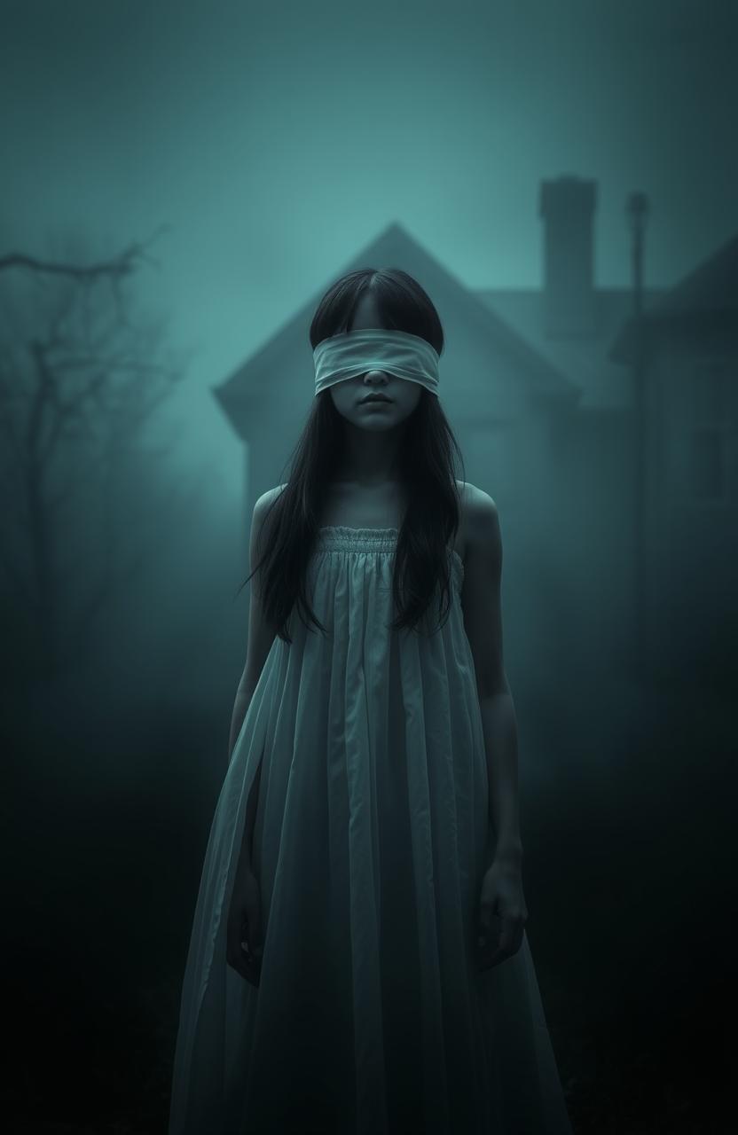 A girl with black hair, her eyes blindfolded, standing in front of a dark, eerie house that looms in the background