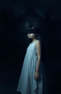 A girl with black hair, her eyes blindfolded, standing in front of a dark, eerie house that looms in the background