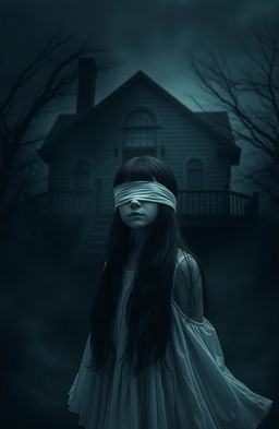 A girl with black hair, her eyes blindfolded, standing in front of a dark, eerie house that looms in the background