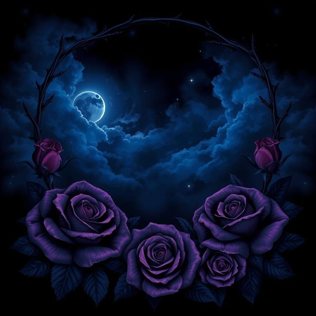 A dark-themed illustration featuring rich shades of blue and purple, incorporating elements that evoke the atmosphere of an eclipse