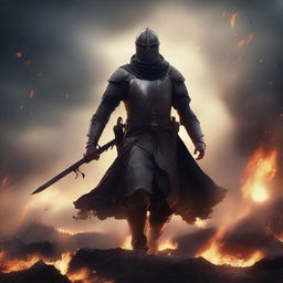 Generate a dramatic image of a medieval soldier amidst a fiery battlefield, fallen warriors scattered at his feet, with raging fires consuming the woodland behind him under a stormy dusk sky