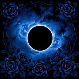 A dark-themed illustration featuring rich shades of blue and purple, incorporating elements that evoke the atmosphere of an eclipse
