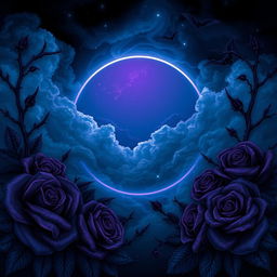 A dark-themed illustration featuring rich shades of blue and purple, incorporating elements that evoke the atmosphere of an eclipse