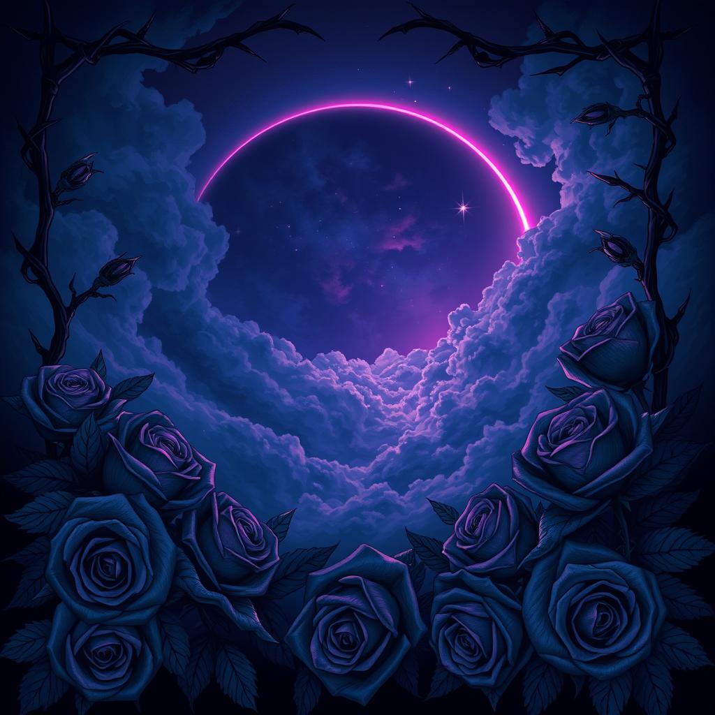 A dark-themed illustration featuring rich shades of blue and purple, incorporating elements that evoke the atmosphere of an eclipse