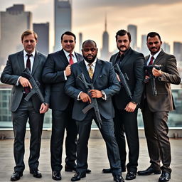 A group of five men standing together in a confident pose