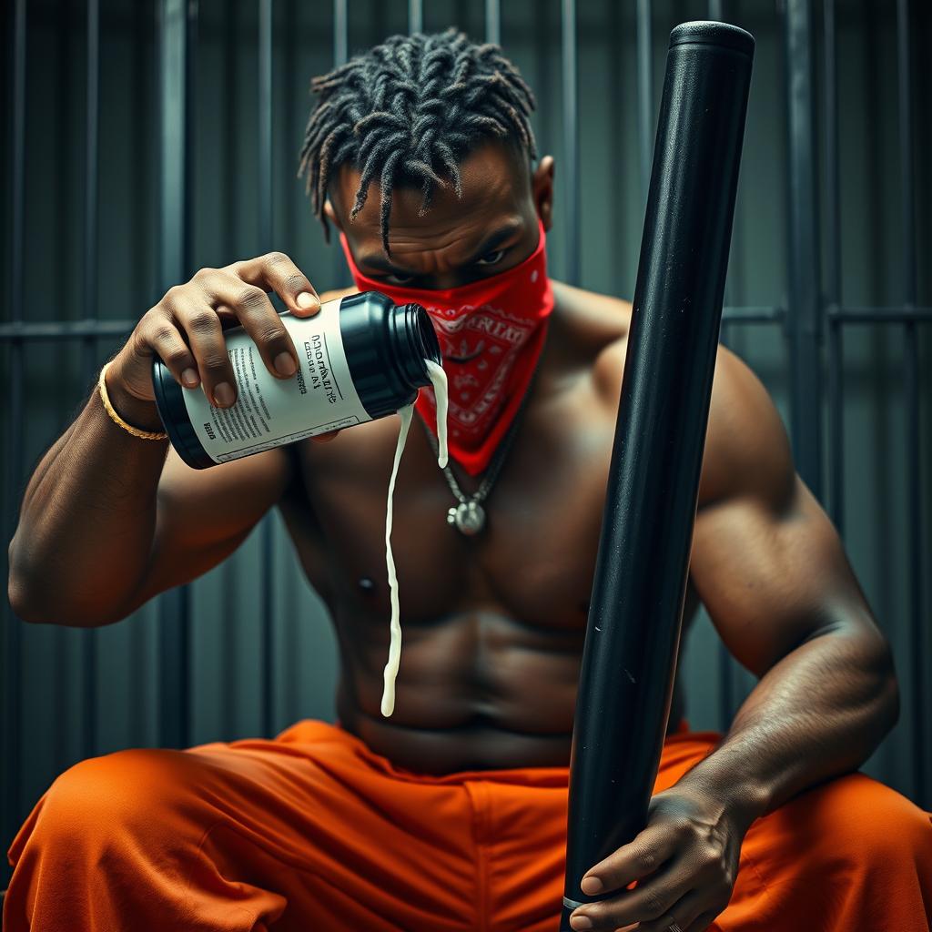 A close-up scene featuring a muscular African American gang member expressing anger, seated in a prison cell