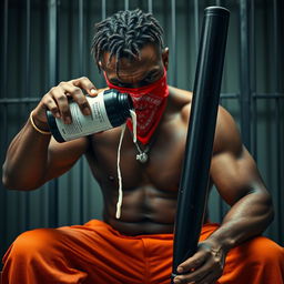 A close-up scene featuring a muscular African American gang member expressing anger, seated in a prison cell