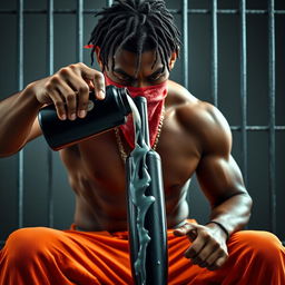 A close-up scene featuring a muscular African American gang member expressing anger, seated in a prison cell