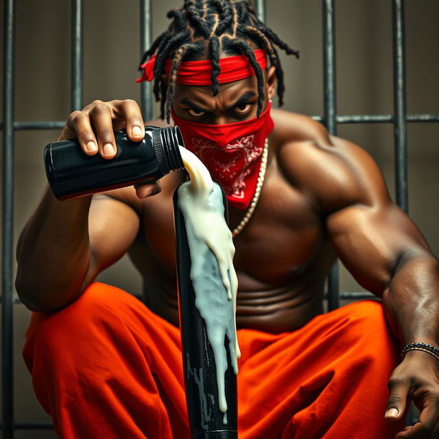 A close-up scene featuring a muscular African American gang member expressing anger, seated in a prison cell