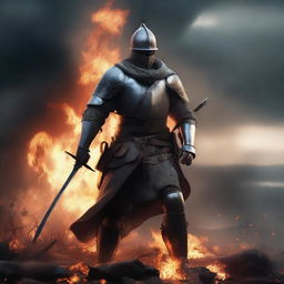 Generate a dramatic image of a medieval soldier amidst a fiery battlefield, fallen warriors scattered at his feet, with raging fires consuming the woodland behind him under a stormy dusk sky