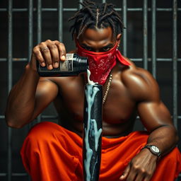 A close-up scene featuring a muscular African American gang member expressing anger, seated in a prison cell