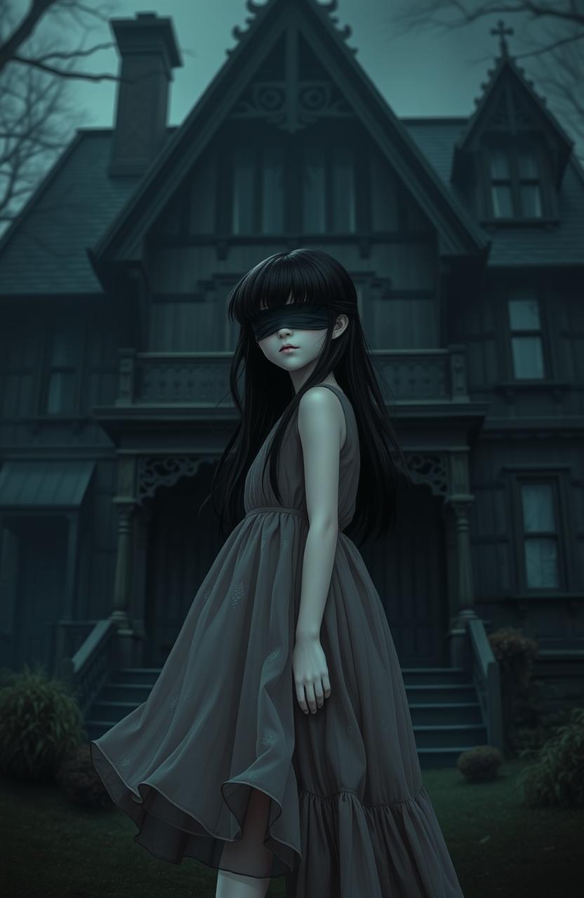 A girl with black hair and blindfolded eyes, standing in front of a dark house, the atmosphere is mysterious yet not frightening