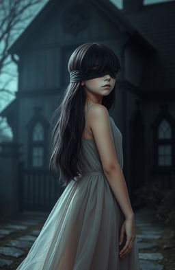 A girl with black hair and blindfolded eyes, standing in front of a dark house, the atmosphere is mysterious yet not frightening