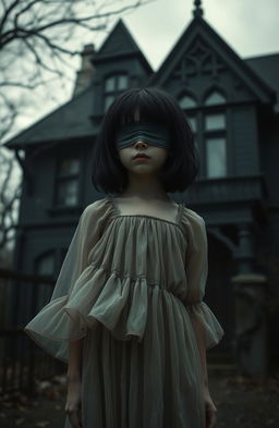 A girl with black hair and blindfolded eyes, standing in front of a dark house, the atmosphere is mysterious yet not frightening