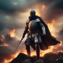 Generate a dramatic image of a medieval soldier amidst a fiery battlefield, fallen warriors scattered at his feet, with raging fires consuming the woodland behind him under a stormy dusk sky