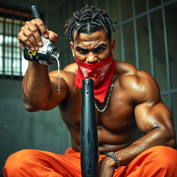 A close-up of a muscular African American gang member sitting in a prison cell, expressing anger