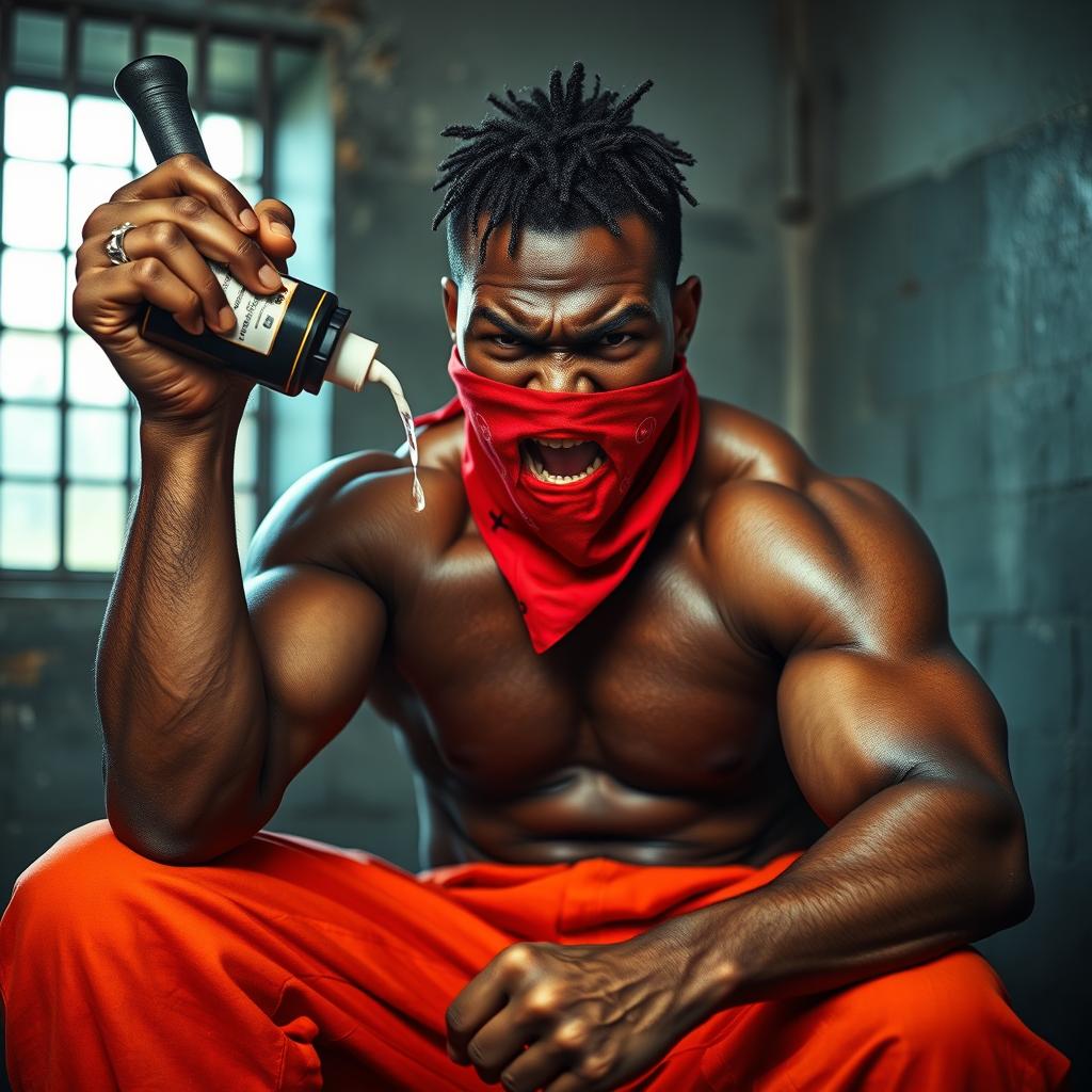 A close-up of a muscular African American gang member sitting in a prison cell, expressing anger