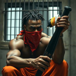 A close-up of a muscular African American gang member sitting in a prison cell, expressing anger