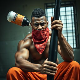A close-up of a muscular African American gang member sitting in a prison cell, expressing anger