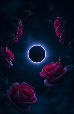 A dark and atmospheric scene featuring a beautiful eclipse in a dark sky