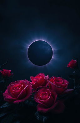 A dark and atmospheric scene featuring a beautiful eclipse in a dark sky