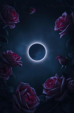 A dark and atmospheric scene featuring a beautiful eclipse in a dark sky