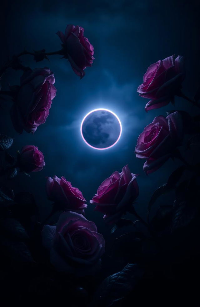 A dark and atmospheric scene featuring a beautiful eclipse in a dark sky