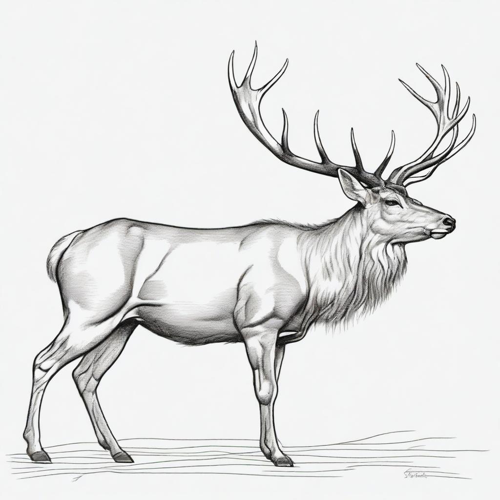 A highly detailed, well-balanced sketch of a large male deer with grand antlers, portrayed in two distinct poses: galloping in profile and standing still facing forward, captured with defining contours