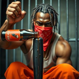 A close-up portrait of a muscular African American gang member showing an expression of anger