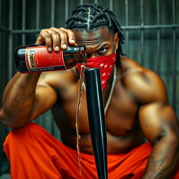 A close-up portrait of a muscular African American gang member showing an expression of anger