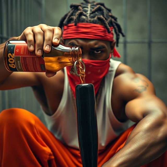 A close-up portrait of a muscular African American gang member showing an expression of anger