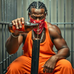 A close-up portrait of a muscular African American gang member showing an expression of anger