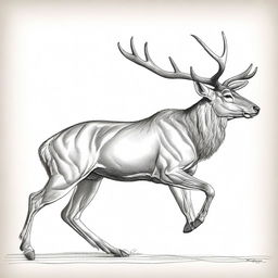 A highly detailed, well-balanced sketch of a large male deer with grand antlers, portrayed in two distinct poses: galloping in profile and standing still facing forward, captured with defining contours