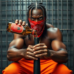 A close-up portrait of a muscular African American gang member sitting inside a prison cell, exuding an angry expression