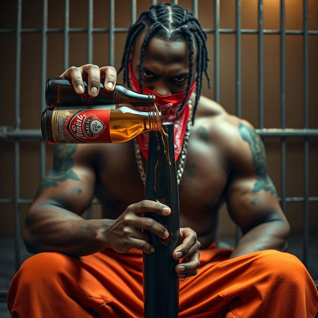 A close-up portrait of a muscular African American gang member sitting inside a prison cell, exuding an angry expression