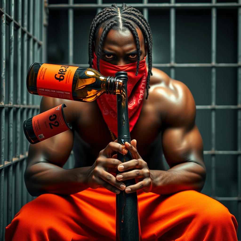 A close-up portrait of a muscular African American gang member sitting inside a prison cell, exuding an angry expression