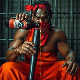 A close-up shot of a muscular African American gang member, visibly angry, sitting in a prison cell