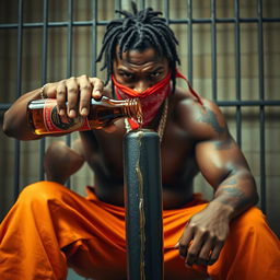 A close-up shot of a muscular African American gang member, visibly angry, sitting in a prison cell