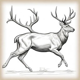 A highly detailed, well-balanced sketch of a large male deer with grand antlers, portrayed in two distinct poses: galloping in profile and standing still facing forward, captured with defining contours