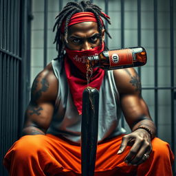 A close-up shot of a muscular African American gang member, visibly angry, sitting in a prison cell