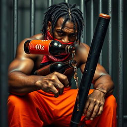 A close-up shot of a muscular African American gang member, visibly angry, sitting in a prison cell