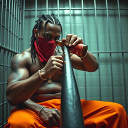 A close-up view of an angry muscular African American gang member with cornrows, wearing baggy orange pants and a red bandana mask covering his mouth and nose